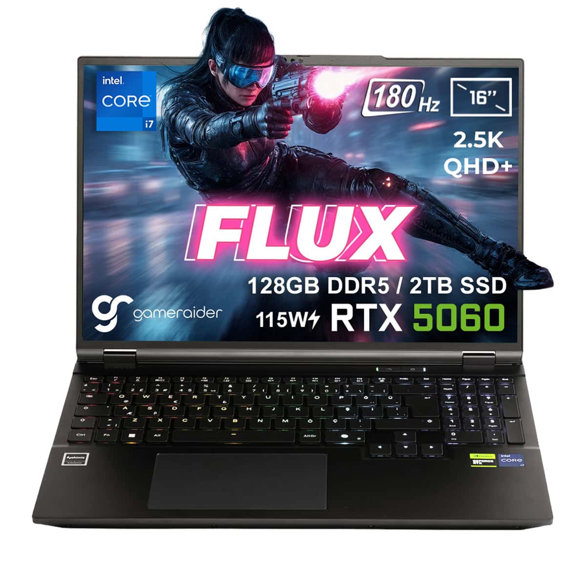 Yüksek performanslı gaming dizüstü bilgisayar, 16 inç ekran, RTX 5060 grafik kartı, 128GB DDR5 RAM, 2TB SSD, 180Hz yenileme hızı ve 2.5K QHD+ çözünürlük ile oyun tutkunları için ideal.