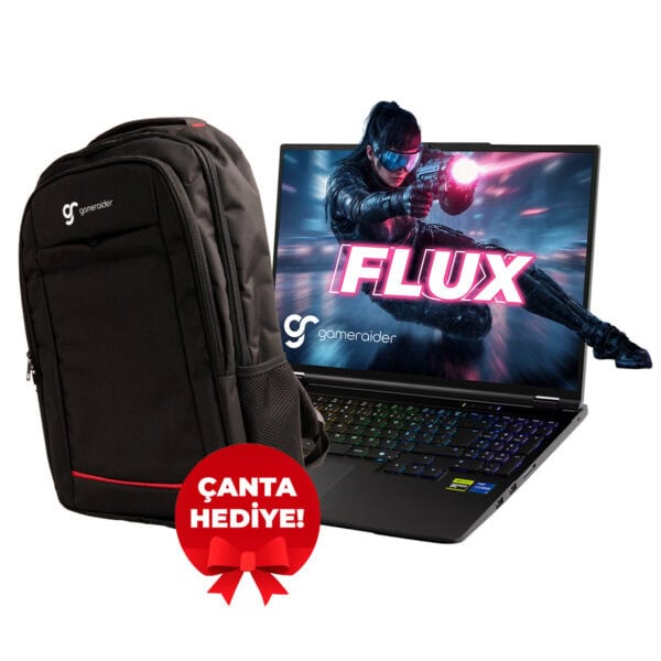 Gamer Laptop Flux oyunu ile gaming seti ve sırt çantası, yüksek performans ve şık tasarım, en yeni oyunlar için ideal, hediye olarak mükemmel.