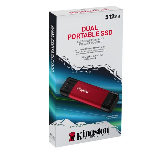 Yüksek hızlı Kingston Dual Portable SSD, 512GB depolama kapasitesi ve taşınabilir tasarımıyla oyun ve dosya aktarımını hızlandırır. USB 3.2 Gen 2 desteği ile yüksek performans sağlar.