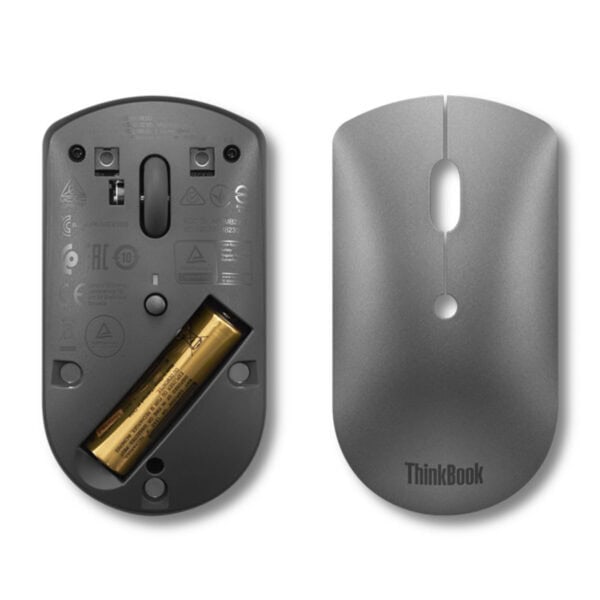 Piltozsizlenmiş kablosuz mouse arka ve ön görüntüsü, parlak metalik yüzey, ergonomik tasarım, sensör ve pil bölmesi detayları, bilgisayar ve oyun konsolu kullanıcıları için uygun.