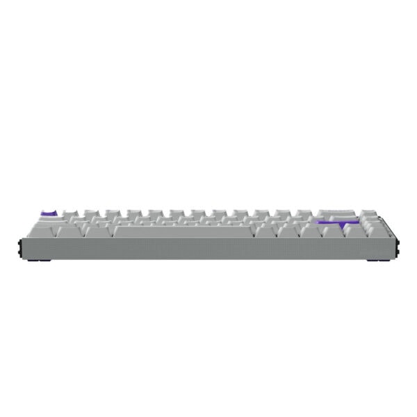 Yüksek performanslı oyuncu klavyesi, beyaz ve mor renkli anahtarlar, oyun ve yazılım kullanımı için ideal, ergonomik ve dayanıklı tasarım, RGB aydınlatmalı, masaüstü bilgisayar oyuncuları için uygun.