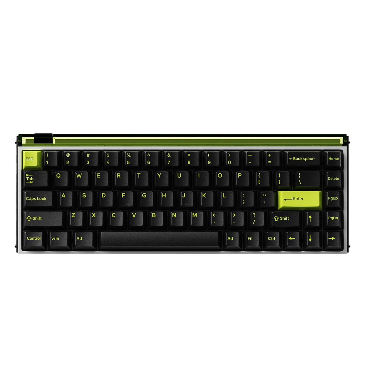 Yansıyan siyah ve yeşil renkli kablosuz bilgisayar klavyesi, birkaç tuşu parlak yeşil renkte olup gaming için uygun tasarıma sahip.