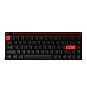 Klavye, siyah ve kırmızı renkli, kompakt ve kablosuz gaming klavye, oyun ve normal kullanım için ideal, RGB aydınlatmalı, dayanıklı yapıya sahip.