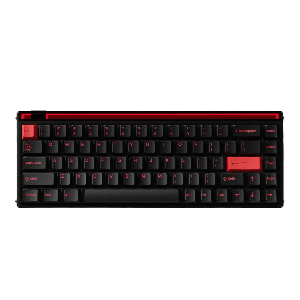 Klavye, siyah ve kırmızı renkli, kompakt ve kablosuz gaming klavye, oyun ve normal kullanım için ideal, RGB aydınlatmalı, dayanıklı yapıya sahip.