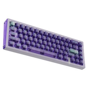 Yazıcı klavye, mor arkadan aydınlatmalı mekanik tuşlara sahip oyun klavyesi, RGB ışıklandırma ve ergonomik tasarım, bilgisayar oyunları ve ofis kullanımı için ideal, ayrıca LED aydınlatmalı tuşlar bulunuyor.
