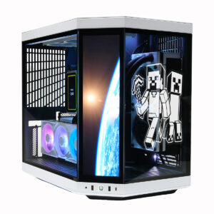 Yüksek performanslı oyun bilgisayarı açık kasalı, RGB soğutucu fanlar ve Minecraft karakter temalı tasarım ile gaming ve e-spor meraklılarına özel.