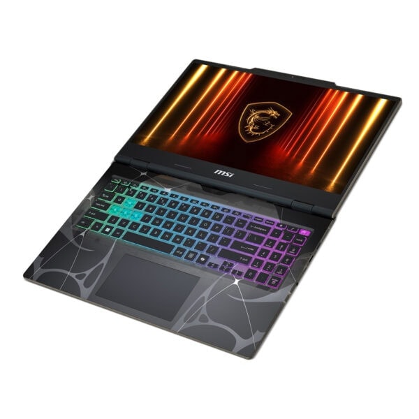 Yüksek performanslı gaming dizüstü bilgisayar, MSI logosu ve renkli RGB klavye ile profesyonel oyun deneyimi sunar. OLED ekran ve güçlü donanım özellikleriyle öne çıkar.