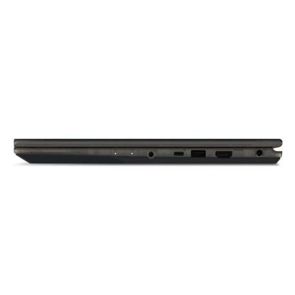 Yüksek çözünürlüklü dizüstü bilgisayar yan taraf görüntüsü, HDMI, USB ve kulaklık girişleri ile modern ve kullanışlı tasarım detayları içerir. egevia.live'de en iyi oyun ve teknoloji ürünleri referansı.