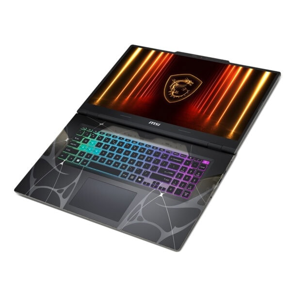 Yüksek performanslı gaming dizüstü bilgisayar, RGB aydınlatmalı klavye ve MSI logosu ile şık tasarım. Oyun tutkunları için ideal, güçlü ve görsel olarak etkileyici özellikler.