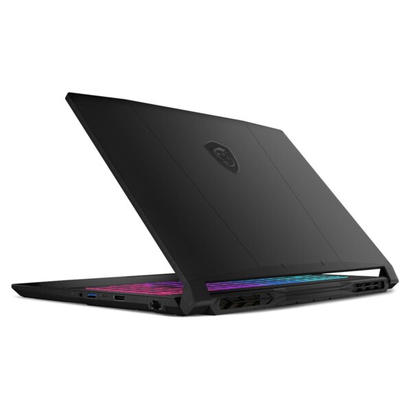 üst köşe açıdan gaming dizüstü bilgisayar, renkli RGB klavye ve yüksek performanslı ekranlı kırmızı mavi USB portlarıyla gamer laptopu, oyun ve yüksek grafik gerektiren işlemler için ideal.