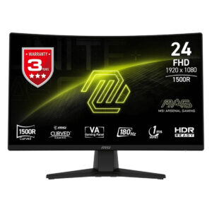 Yüksek çözünürlüklü oyun monitörü, 24 inç, 1920x1080 FHD, 1500R kavisli ekran, AMD FreeSync, HDR uyumlu, 180Hz yenileme hızı, 1ms tepki süresi, MSI ARMOR GAMING tasarımı, VGA ve HDMI bağlantıları, oyun performansını artıran özellikler.