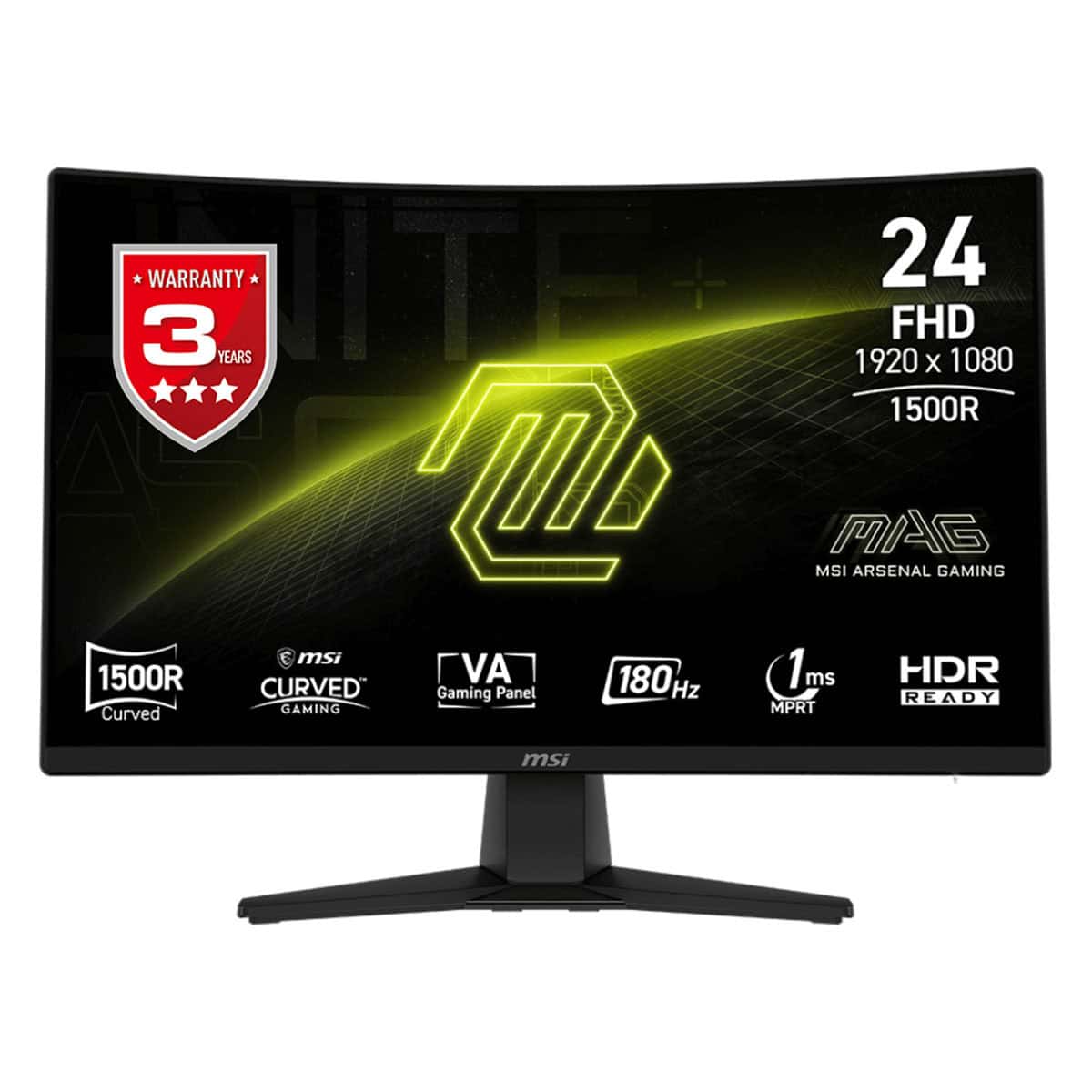 Yüksek çözünürlüklü oyun monitörü, 24 inç, 1920x1080 FHD, 1500R kavisli ekran, AMD FreeSync, HDR uyumlu, 180Hz yenileme hızı, 1ms tepki süresi, MSI ARMOR GAMING tasarımı, VGA ve HDMI bağlantıları, oyun performansını artıran özellikler.