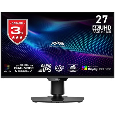 Yüksek çözünürlüklü 4K UHD gaming monitörü, hızlı tepki süresi ve geniş ekran ile yoğun oyun deneyimi sağlar. MSI MAG monitör, DisplayHDR, DUAL MODE, Rapid IPS ve Mini LED özellikleriyle öne çıkar.