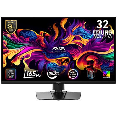 32 inç 4K UHD gaming monitörü, MSI MAG serisi, 165Hz yenileme hızı, 1ms tepki süresi, OLED ekran teknolojisi ve yüksek çözünürlük ile oyun deneyimini yükseltir.
