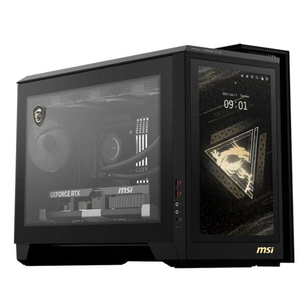 Yüksek performanslı MSI gaming bilgisayar kasası, şeffaf yan panel ve güçlü grafik kartı ile oyun tutkunları için ideal.