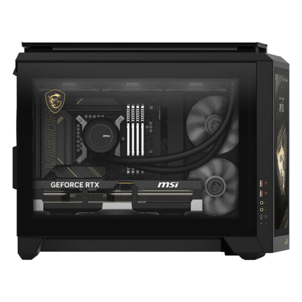 Güçlü gaming bilgisayarı iç donanımı, MSI ve NVIDIA GeForce RTX ekran kartı, su soğutmalı CPU, yüksek performanslı RAM ve gelişmiş soğutma sistemi ile yüksek çözünürlüklü oyun deneyimi için tasarlanmıştır.