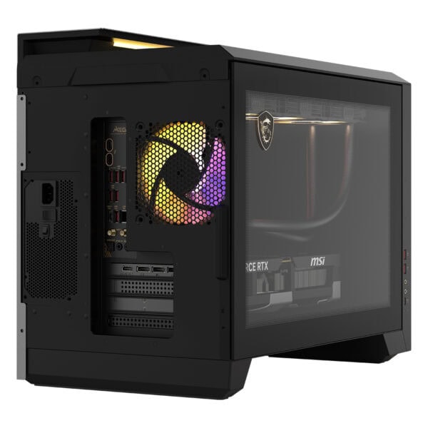 Yüksek performanslı gaming bilgisayar kasası, şeffaf yan panel, RGB aydınlatmalı fan, MSI ekran kartı ve modern soğutma sistemi ile oyun ve yüksek grafik performansı için tasarlandı.