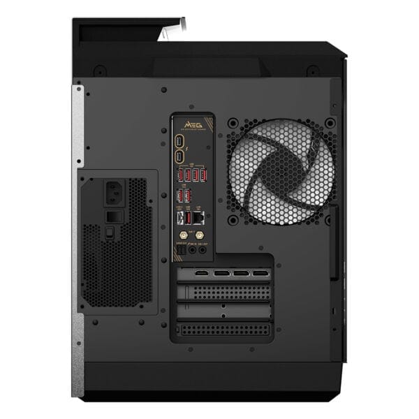 Yüksek performanslı oyun bilgisayarı arka paneli, çeşitli portlar ve soğutucu fan ile gaming ve donanım tutkunlarına uygun tasarım.