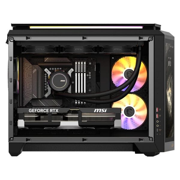 Yüksek performanslı oyun bilgisayarı iç donanımı, MSI anakart ve RGB aydınlatmalı fanlar, RTX ekran kartı ve işlemci sıvı soğutucusu ile gaming bilgisayar içerisi.