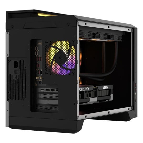 Geleceğin oyun bilgisayarı iç tasarımı, yüksek performanslı ekran kartı ve su soğutma sistemi ile donatılmış güçlü oyun bilgisayarı. MSI ve NVIDIA GeForce RTX donanımlarıyla yüksek grafik performansı sağlar.