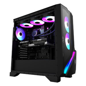 Yüksek performanslı oyun bilgisayarı iç kısmında RGB LED aydınlatmalı soğutucu ve ekran kartı ile güç kaynağı gösterimi. MSI ve GeForce RTX markalarıyla donatılmış, kaliteli ve şık tasarım.