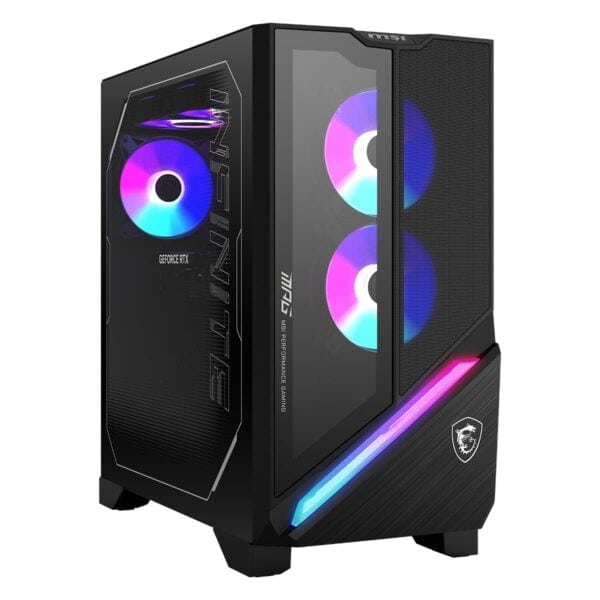 Yüksek performanslı gaming masaüstü bilgisayar, RGB aydınlatmalı şık tasarım, NVIDIA GeForce RTX ekran kartı, soğutucu fanlar ve güçlü donanımla oyun deneyimini maksimuma çıkarır.