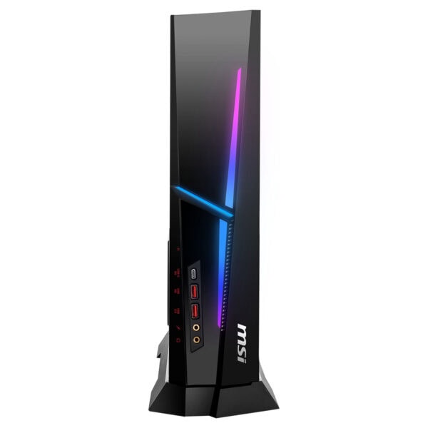 Yüksek performanslı oyun bilgisayarı kasa, VR ve Gaming için uygun, RGB ışıklandırmalı, MSI markalı, gelişmiş soğutma özellikleri ile modern tasarım, güçlü donanım ve hızlı erişim portları.