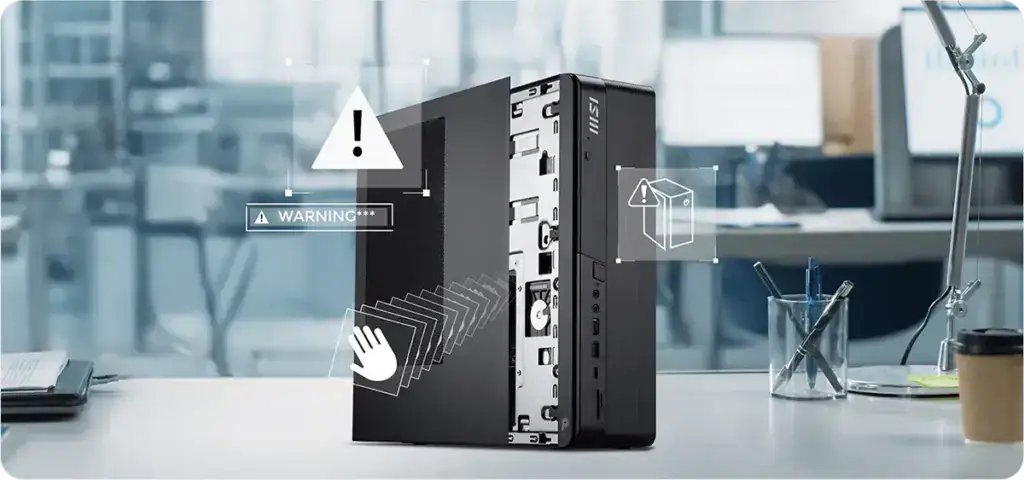 Yüksek performanslı bilgisayar donanımı ve uyarı simgeleriyle gaming ve teknik sorunlar hakkında görsel.