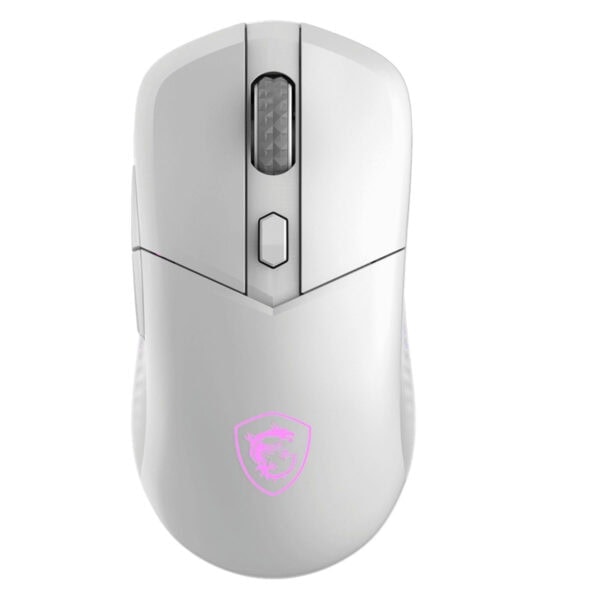 Yapay zeka destekli beyaz gaming mouse, RGB ışıklı logos ve ergonomik tasarım, yüksek hassasiyetli sensör ile oyun ve ofis kullanımı için ideal.