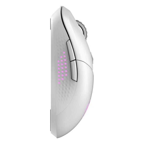 Yüksek çözünürlüklü beyaz oyun faresinin üstten görünümü, RGB aydınlatmalı tasarımı ve rahat ergonomik yapısıyla oyuncular için ideal, gaming ekipmanları ve oyuncu aksesuarları, en iyi performans için.