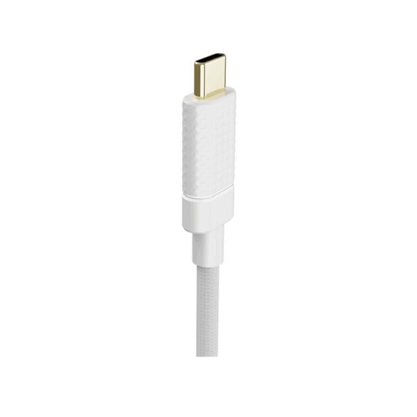 Yüksek kaliteli USB-C güç ve veri aktarım kablosu, beyaz renkli, dayanıklı ve şık tasarım, teknolojik cihazlar için uygun, hızlı ve güvenilir bağlantı sağlar.