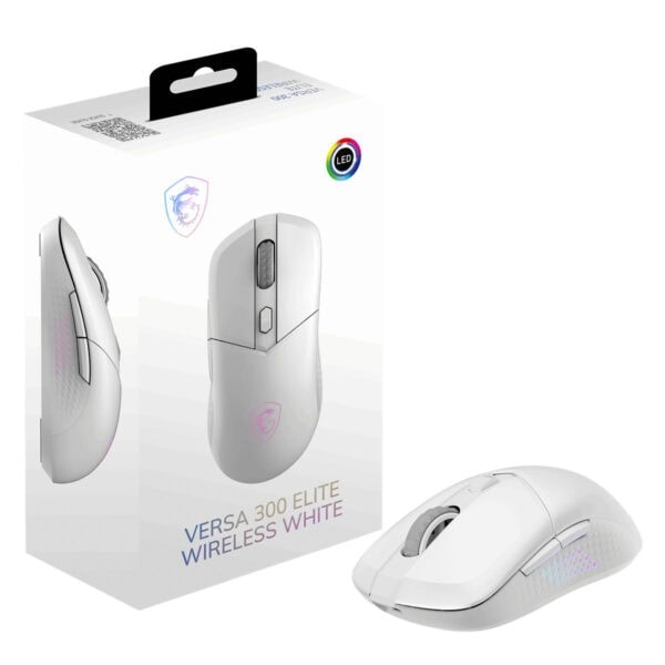 Görüntüde beyaz renkli MSI Versa 300 Elite kablosuz fare ve kutusu yer almaktadır, modern tasarımı ile ergonomik kullanım sağlar. Ürün, yüksek hassasiyet ve renkli LED ışıklandırma özellikleriyle gaming ve ofis kullanımına uygundur.