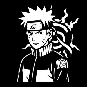 Dikilebilir Naruto karakteri, çizgi film, anime, ve manga hayranları için uygun, siyah beyaz görsel.
