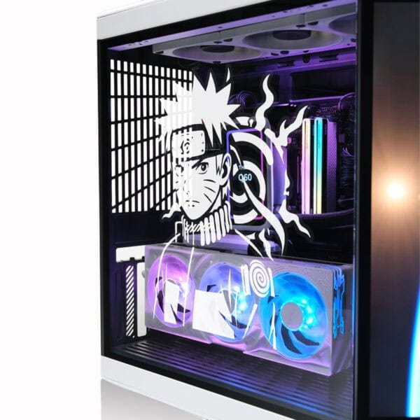 Yapay zeka ve bilgisayar bileşenleri ile tasarlanmış şık gaming PC kasası, LED aydınlatmalı fanlar ve Naruto temalı cam panel, yüksek performanslı oyun bilgisayarı görüntüsü.