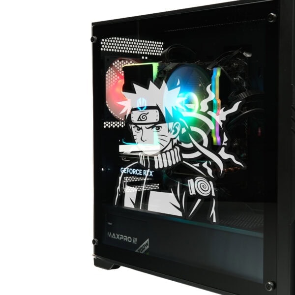 Gamer bilgisayar kasası içi, Naruto temalı LED aydınlatmalı yapı, yüksek performanslı grafik kartı ve oyun donanımları ile yapılmış özel tasarım. Özellikle oyuncu ve bilgisayar tutkunlarına yönelik.
