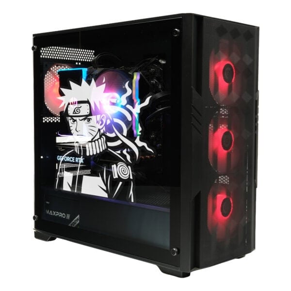 Yüksek performanslı oyun bilgisayarı, RGB aydınlatmalı soğutucu fanlar ve Naruto temalı şeffaf kasa tasarımıyla görsel olarak dikkat çekiyor.