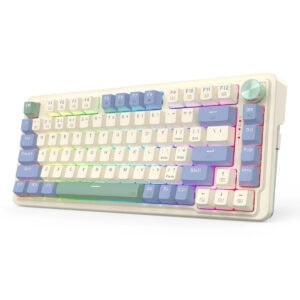 Renkli RGB aydınlatmalı bilgisayar mekanik klavye, oyun ve ofis kullanımı için uygun, beyaz kasada çeşitli renk ışık efektleriyle detaylı ve ergonomik tasarımıyla dikkat çekiyor.