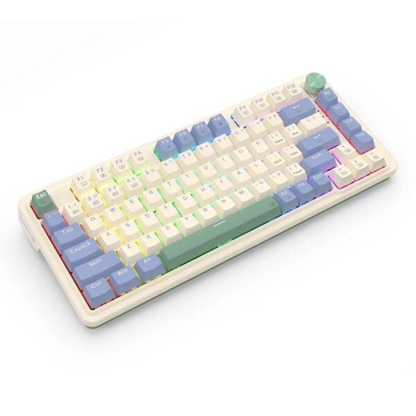 Renkli RGB aydınlatmalı oyun klavyesi, beyaz anahtarlar ve renkli şeritler, bilgisayar için ergonomik ve şık tasarım, gaming ve vloggerlar için ideal, masaüstü bilgisayar aksesuarı.