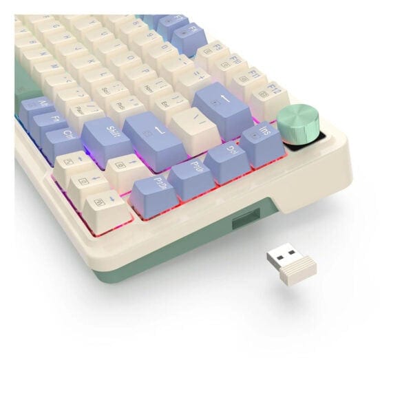 Yumuşak renkli RGB aydınlatmalı oyun klavyesi, kablosuz ve taşınabilir tasarımıyla gaming ve eğlence için ideal. Mavi, pembe ve mor vurgularla şık görünüme sahip, işlevsel ve modern klavye.