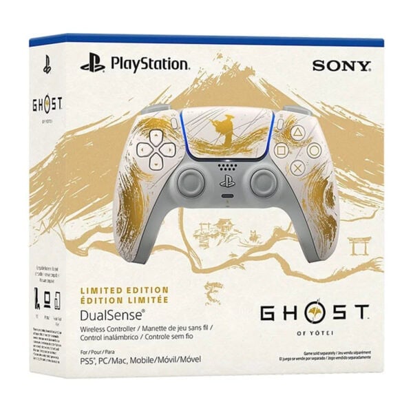 Yüksek kaliteli PlayStation katalog teknik özellikleri ve Ghost of Yütei özel tasarımlı kablosuz DualSense kontrolcü, limitli sürüm oyun deneyimi ve stil odaklı görünüm sunuyor.