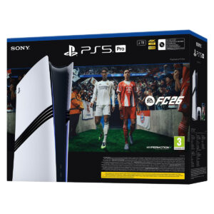 PS5 Pro oyun konsolu kutu resmi, FIFA 26 ile futbol tutkunlarına özel, 4K HDR ve 2TB depolama alanı, düşük gecikme süresi ve HyperMotion teknolojisi içeren yüksek performanslı PlayStation 5 modeli.