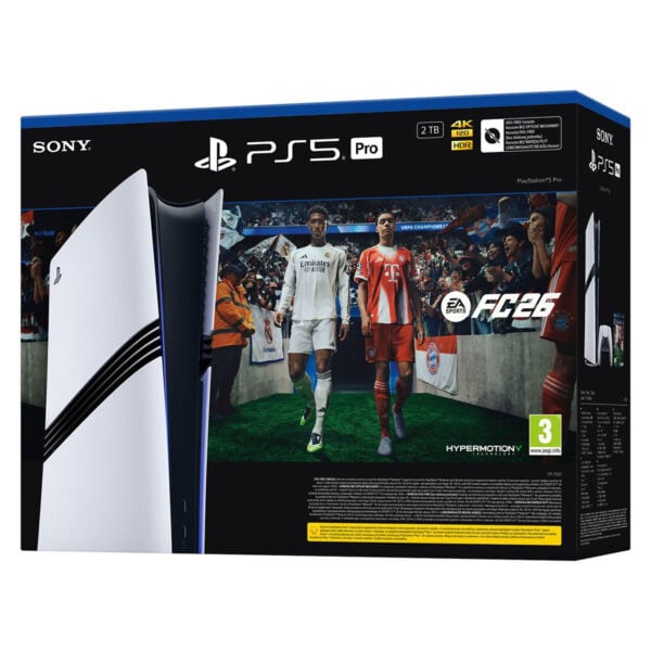 PS5 Pro oyun konsolu kutu resmi, FIFA 26 ile futbol tutkunlarına özel, 4K HDR ve 2TB depolama alanı, düşük gecikme süresi ve HyperMotion teknolojisi içeren yüksek performanslı PlayStation 5 modeli.