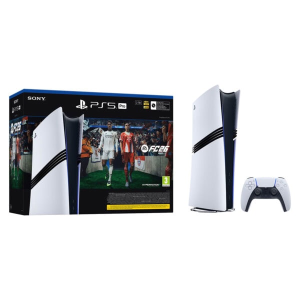 Yüksek çözünürlüklü PlayStation 5 Pro oyun konsolu, kablosuz kontrolcü ve FIFA 26 oyunu kutusu, yoğun futbol temalı tasarım ve modern teknoloji özellikleriyle öne çıkıyor.