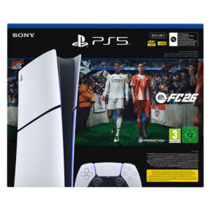 Yüksek çözünürlüklü PS5 oyun konsolu ve FIFA 26 futbol oyunu kutusu, futbol maçları ve PlayStation 5 teknolojisi, 4K HDR görselleri ve UEFA Champions League temasıyla ilgili görsel.