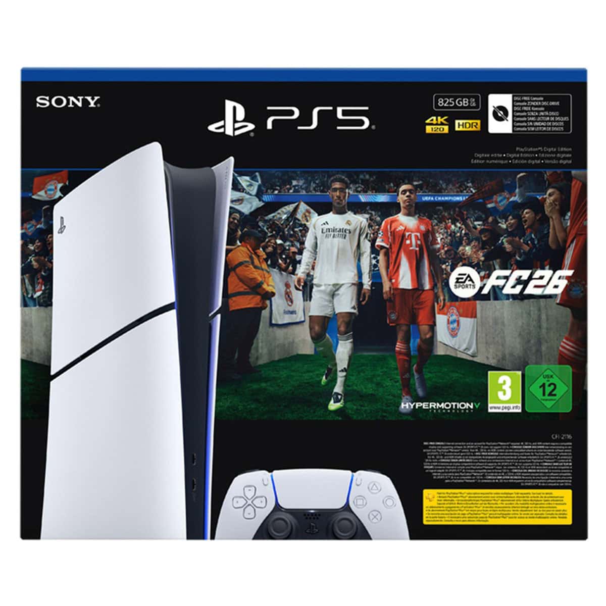 Yüksek çözünürlüklü PS5 oyun konsolu ve FIFA 26 futbol oyunu kutusu, futbol maçları ve PlayStation 5 teknolojisi, 4K HDR görselleri ve UEFA Champions League temasıyla ilgili görsel.
