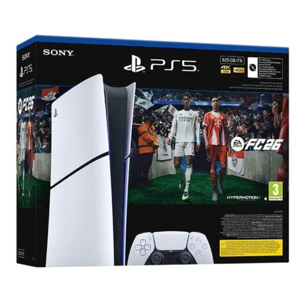 Yüksek kaliteli PlayStation 5 konsol ve oyun kumandası, FIFA 26 futbol oyunu ile beraber, 4K HDR görüntü ve yüksek performans özellikleriyle satışa hazır.