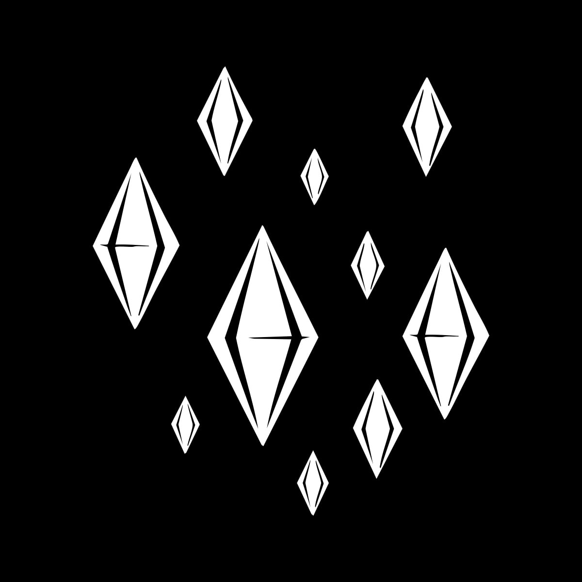 Parlak beyaz ve siyah renkli Geometrik Tasarımlı Diamond Logoları, dijital oyun ve teknoloji ile ilgili görsel simgeler, modern tasarım ve marka sembolü konsepti.