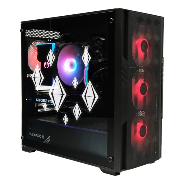 Yüksek performanslı oyun bilgisayarı içindeki RGB aydınlatmalı ekran kartı ve soğutma fanlarıyla gösterişli masaüstü oyun bilgisayarı.
