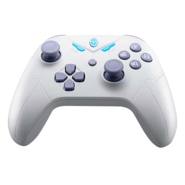 Yüksek kaliteli gaming denetleyici, beyaz ve mavi vurgular, ergonomik tasarım, oyun tutkunları için ideal, AAA, X, Y ve Start seçeneği, profesyonel oyun deneyimi sağlar.