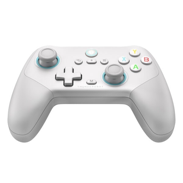 Yüksek çözünürlükte, Beyaz ve Gri renkli oyun kumandası; joystickler, A, B, X, Y düğmeleri ve düğmeleriyle donatılmış, modern tasarımlı, gaming ve oyun konsolu aksesuarı.
